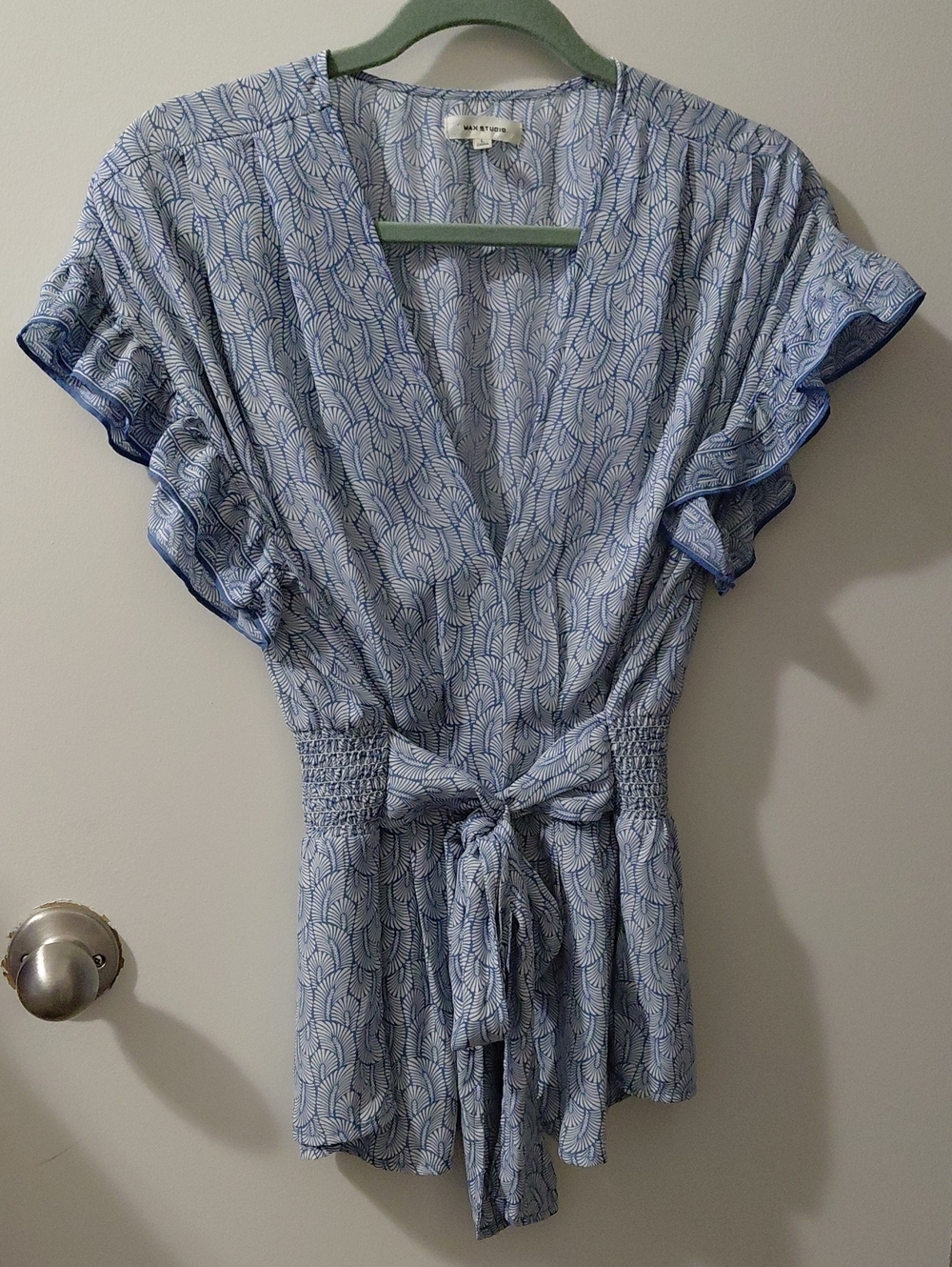 Max Studio Light Blue Printed Wrap Blouse with Tie Waist